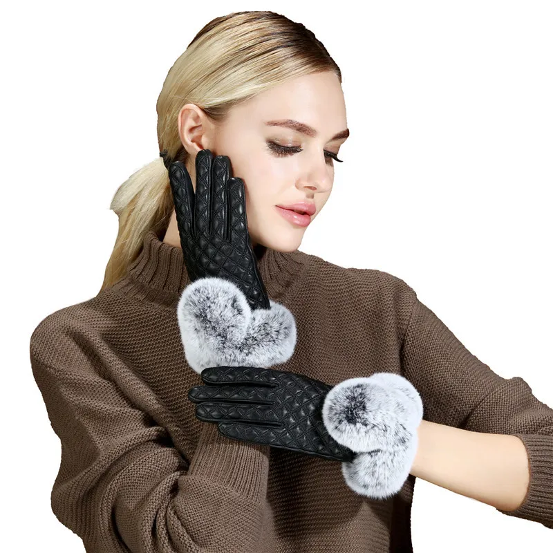 

Winter Gloves Women Rabbit Fur Plaid Genuine Leather Sheepskin Warm Gloves Winter Outdoor Hand Gloves Black Touch Screen Driving
