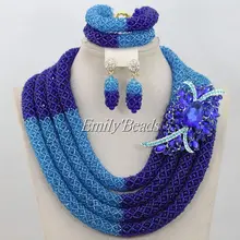 Роскошный Королевский голубой кристалл ожерелье браслет серьги набор свадьба в Африканском нигерийском стиле Бусы Ювелирный Набор AIJ328