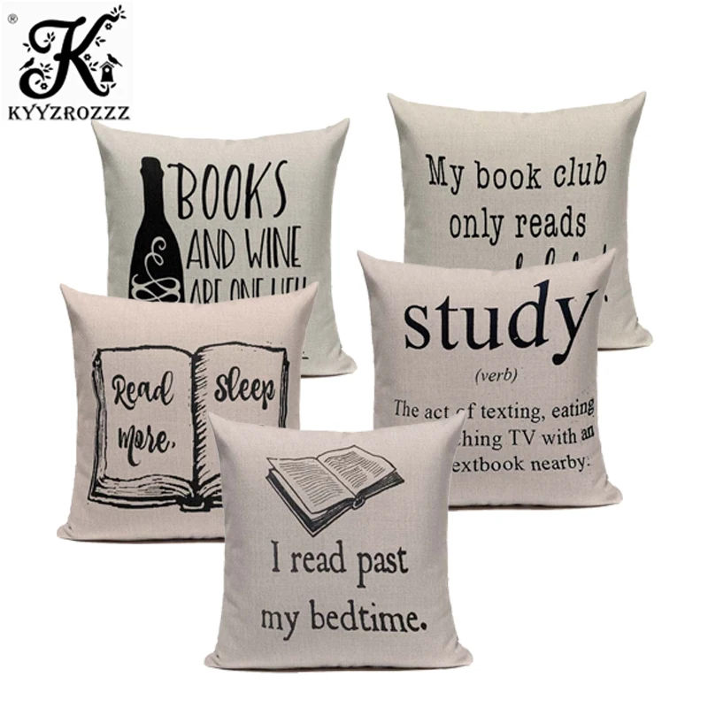 

Book Tea Coffee Wine Cushion Cover Cotton Linen Decorative Pillowcase Chair Seat Letter Slang Pillow Cover Home Living Textile