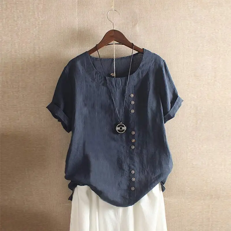 

2019 Summer Women Short Sleeve Shirt Casual Loose Buttons Blouse Cotton Work Office Lady Tops Vintage Tunic Blusas Plus Size 5XL