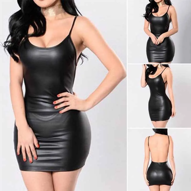 Sexy Backless Black Faux Leather Dress Women Spaghetti Strap Summer Clubwear Outfit Party Short Mini Hip Wrapped Bodycon Dress (10)