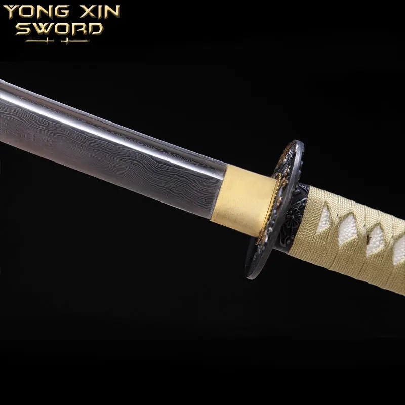 Full Handmade yellow Japanese Samurai Sword Katana Damascus Folded Steel Blade Practical Sharp Gift