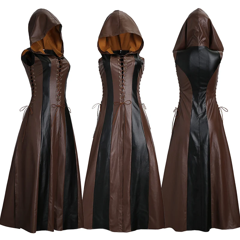 

Women Sexy Slim Lace Up Leather Medieval Ranger Long Dress Adult Coats Cosplay Disfraz Mujer Costume Halloween