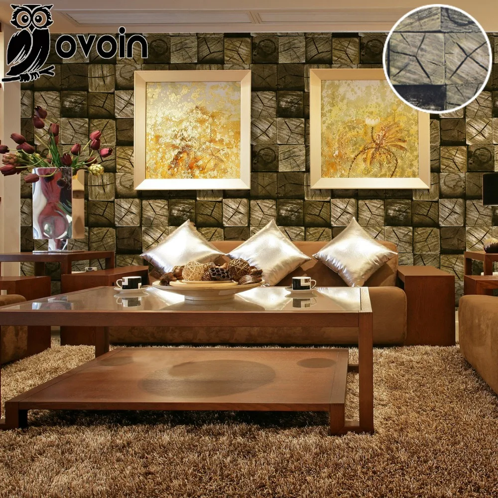 Wood Block Pattern 3D Tile Effect Wallpaper Embossed Vinyl Realistic