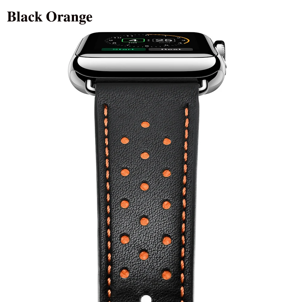 Сменный ремешок из натуральной кожи для Apple Watch Band 44 мм 40 мм 42 мм 38 мм спортивный дышащий ремешок для часов iWatch Series 5 4 3 2 - Цвет ремешка: Black orange