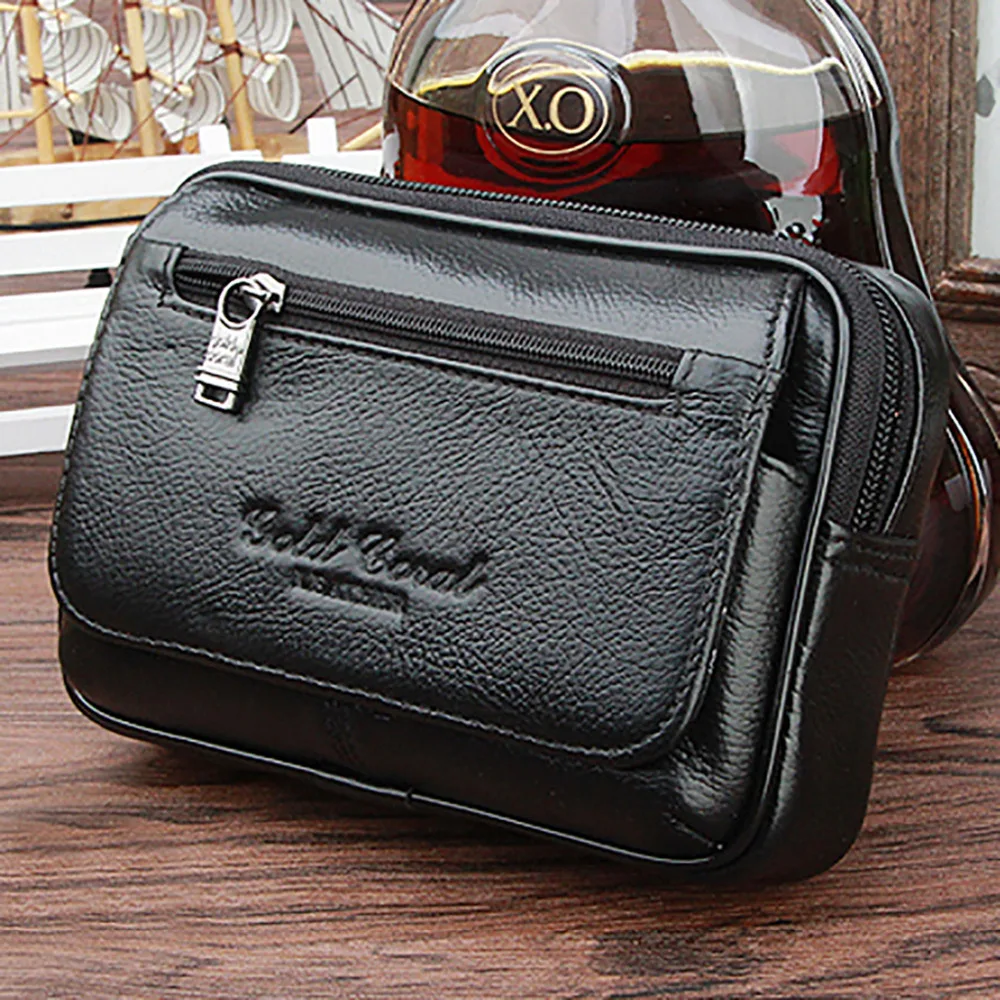 

4.8 / 5 inches Cowhide Waist Fanny Bags Genuine Leather Cell/Mobile Phone Case Purse Casual Small Belt Wallets Men Black Brown