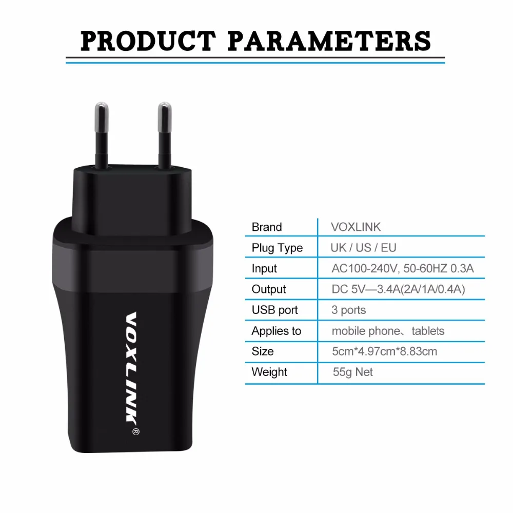 VOXLINK 3 порта USB зарядное устройство 5 в 2,4 А портативное мини USB настенное/дорожное зарядное устройство с 1 м кабелем для samsung Xiaomi huawei зарядное устройство для телефона