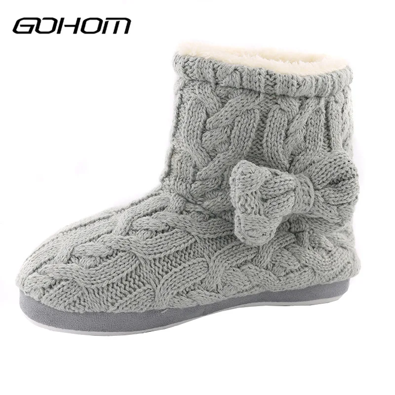 Home Boots Girl GreyPink Bow Decoration Winter Warm Footwear Soft Plush Nonslip Shoe Sapato Feminino Pantufa   (1)