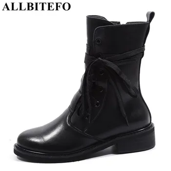 

ALLBITEFO natural genuine leather Ankle bandage thick heel women boots fashion brand high heels ankle boots motorcycle boots