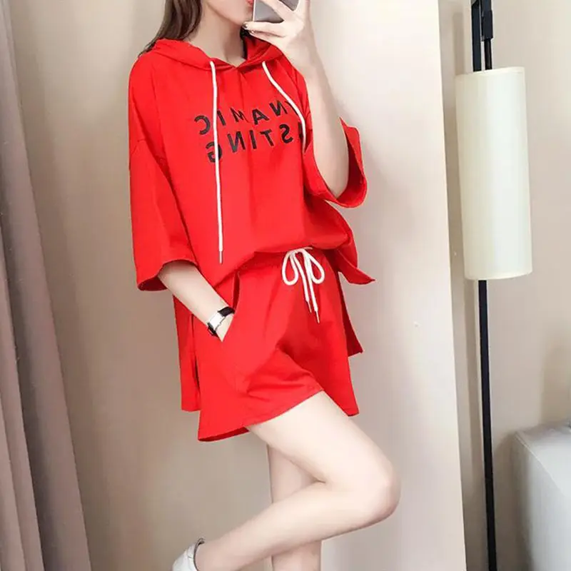

ROPALIA Women Two-Piece Set Loose Simple Letter Print Hooded Short-sleeved Tops+ Drawstring Solid Shorts Women Summer Suit