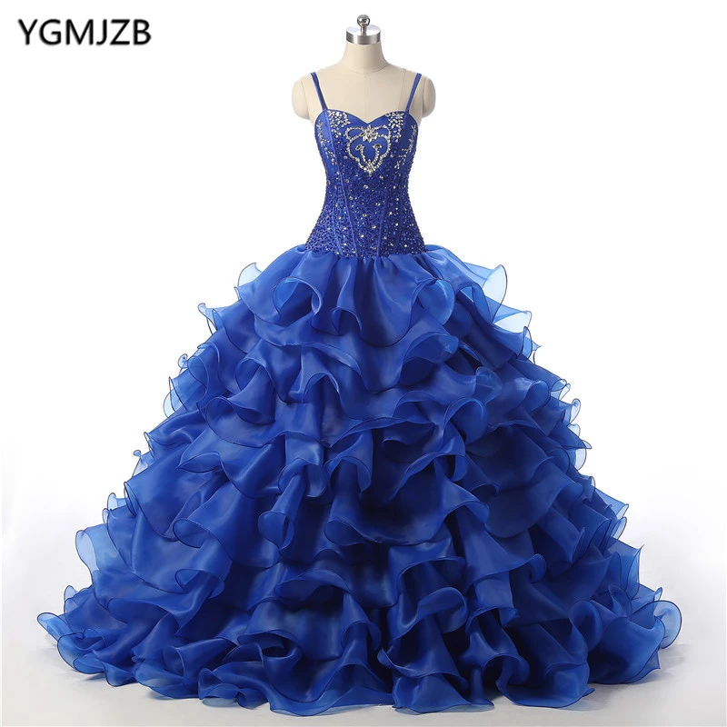 Королевский синий Quinceanera платья 2018 бальное платье с бисером и оборками Vestidos De 15 Anos