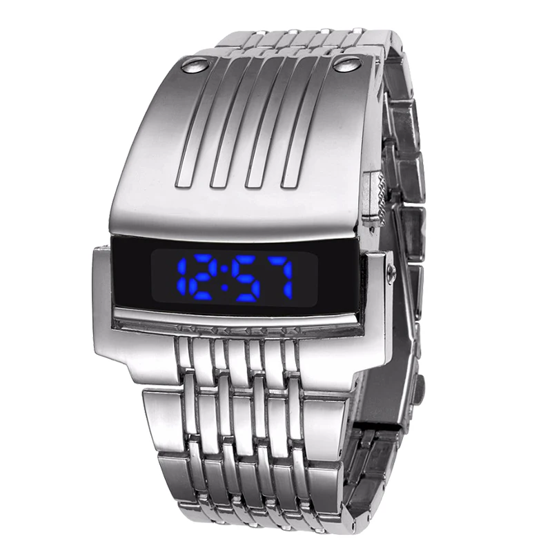 Design da Marca Relógios de Pulso Relógio Digital Eletrônico Completo Inoxidável Masculino Militar Esportes Moda Led Homem Ferro Relógios Aço