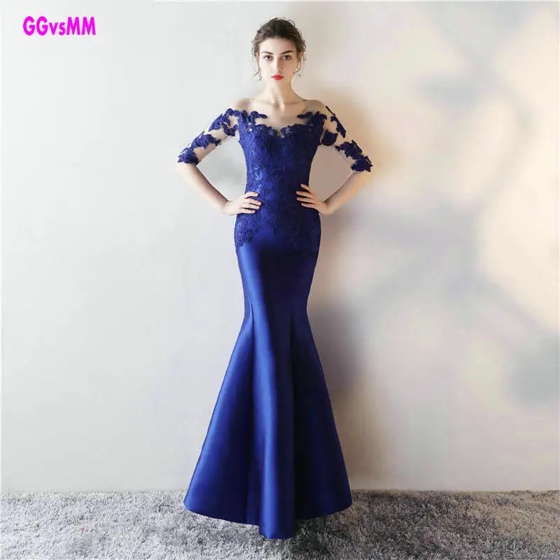 Long Sleeve Prom Dresses 2016 Gorgeous O Neck Top Lace Floor Length Stretch Satin Mermaid Royal