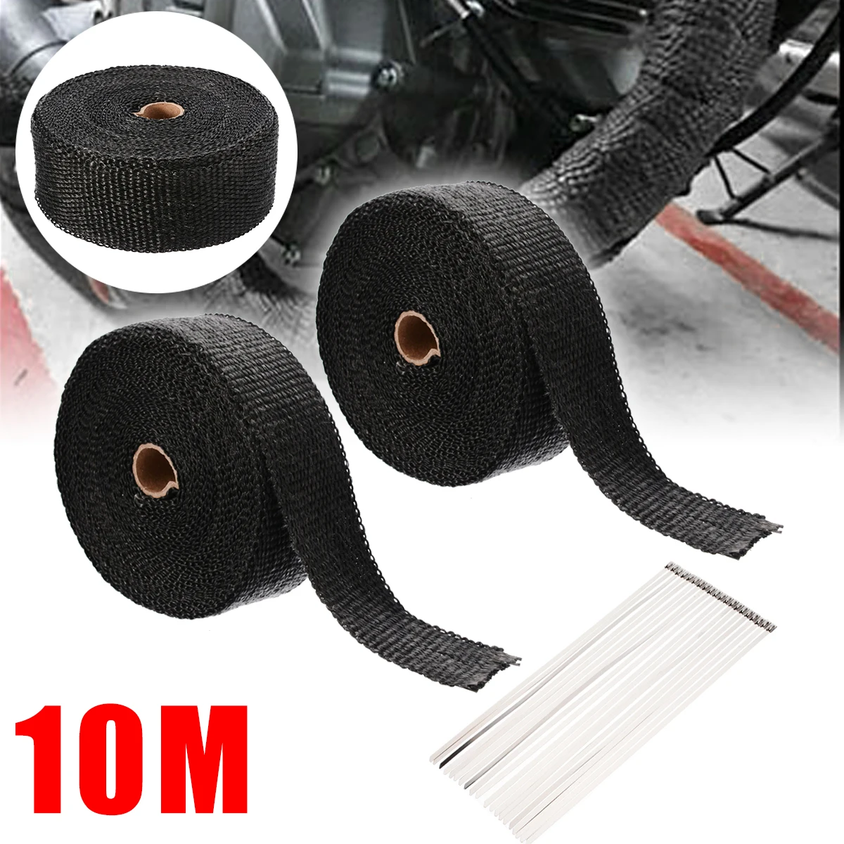 

20M Car Motorcycle Exhaust Wrap Pipe Header Heat Wrap Mainfold Heat Exhaust Thermal Wrap Tape with 20 Stainless Steel Ties