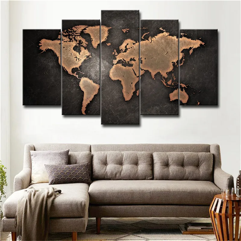 

5 pieces HD print nostalgic world map canvas retro poster picture vintage maps decorative paintings wall decor