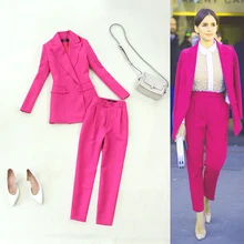 Fashion Work Pant Suits 2 Piece Set for Women Double Breasted rose Red Blazer Jacket & Pencil pants Office Lady Suit Feminino