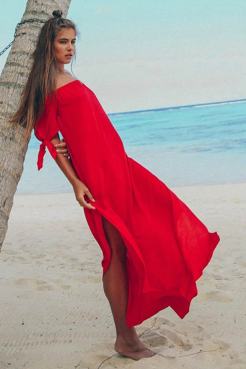 Женское летнее пляжное длинное платье макси с открытыми плечами, вечерние коктейльные платья - Цвет: Красный