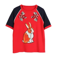 Gruiiceen бренд Весна-осень Женщины с коротким рукавом Футболка с вышивкой кролика Вязание Женский футболки