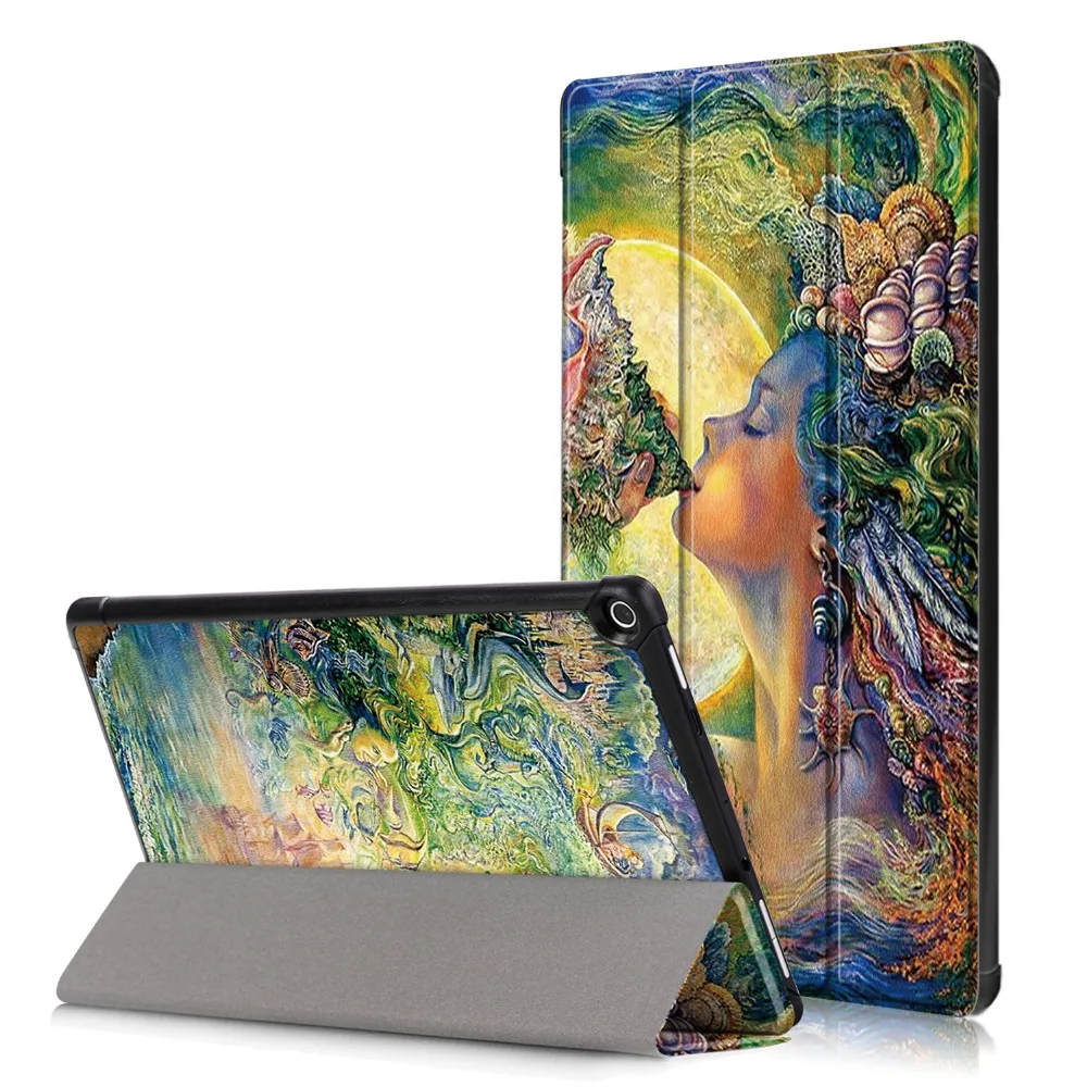 

Ultra Slim Print Folio Stand PU Leather Protector Cover Magnet Smart Case For Amazon Kindle Fire HD10 2017 Tablet + Film + Pen
