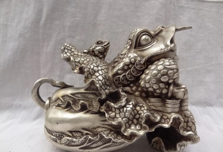 

S2656 9" Chinese Silver Sculpture Fu RuYi Hoptoad Toad Ride Cabbage Brass Coin Statue D0318