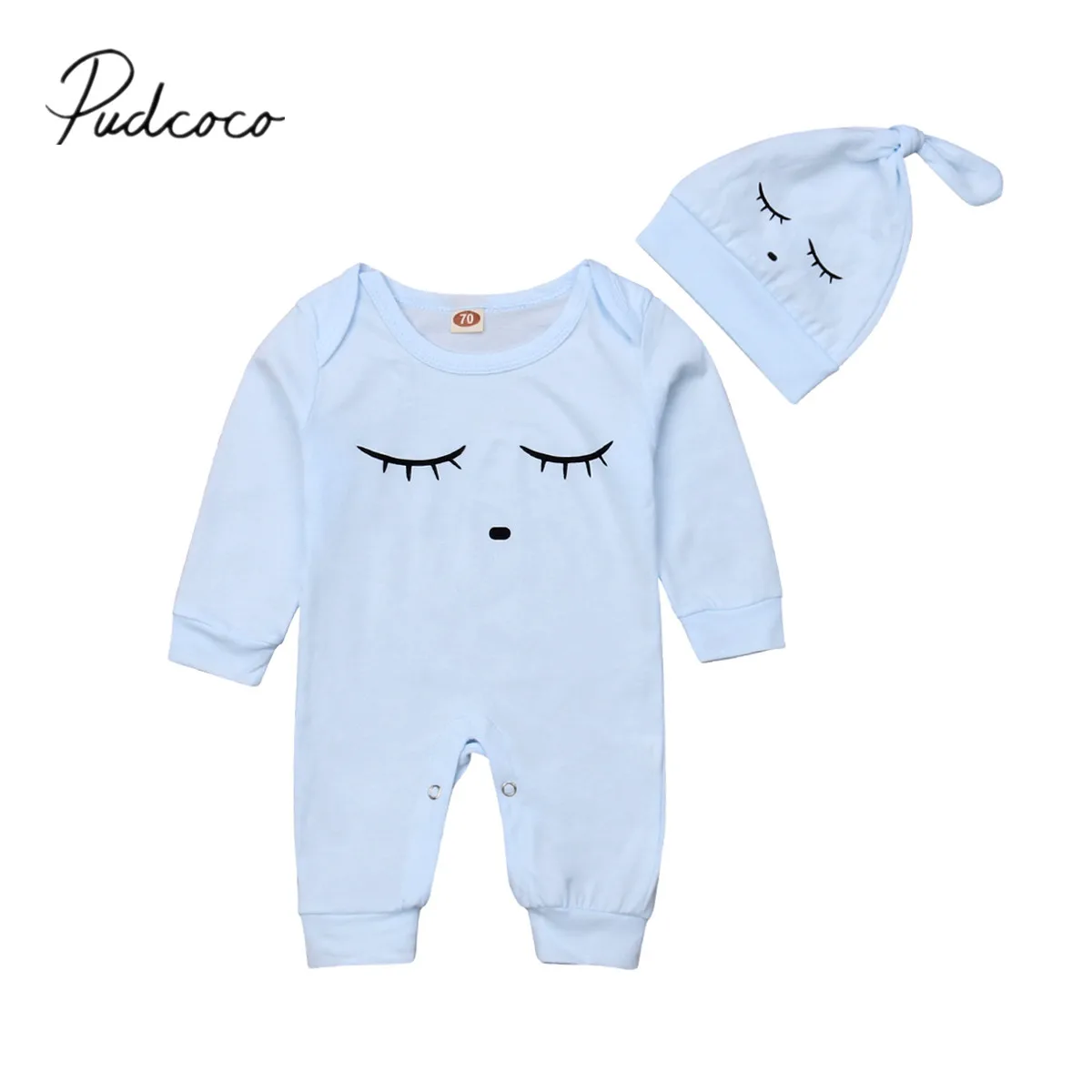 

2018 Brand New Newborn Infant Baby Girls Boys Autumn Jumpsuits Sleeping Eyes Print Long Sleeve Blue Cotton Romper +Hats 2Pcs Set