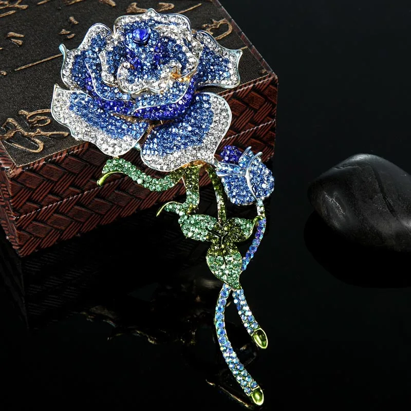 Большой размер, брошь в виде цветка розы для женщин, свадебные ювелирные изделия, бренд хиджаб со стразами, аксессуары, эмаль, Esmalte, броши, подарки на день рождения - Окраска металла: Blue