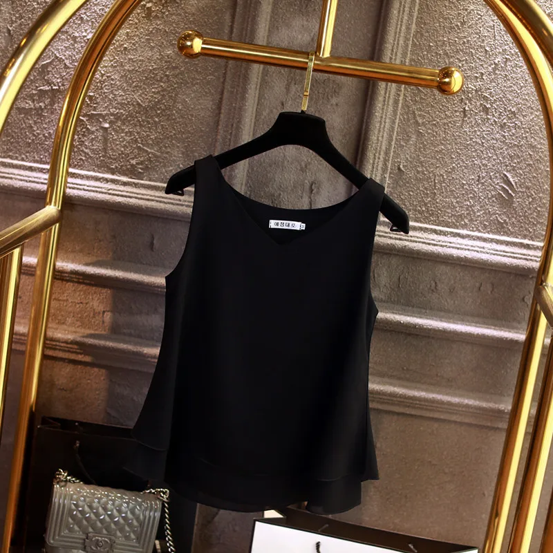 Модная брендовая женская блузка Летний шифон без рукавов рубашка однотонная с v-образным вырезом Повседневная Блузка размера плюс 5XL свободный женский топ