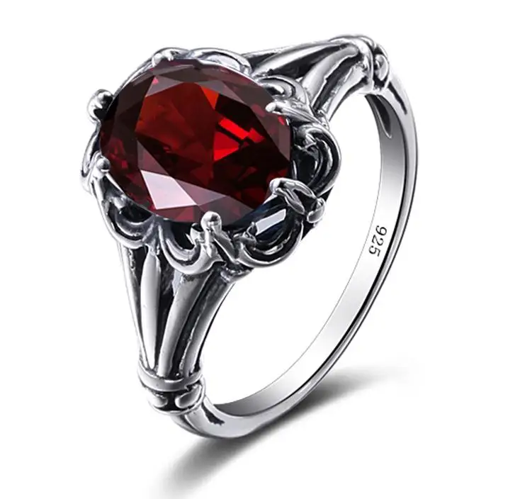 New Vintage Wedding Rings For Woman Fashion Brand Jewelry Garnet Rhinestone Soild 925 Sterling Silver Crystal Rings Accessories
