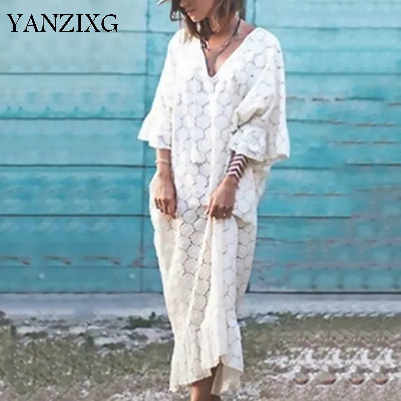

2019 New Spring Summer V-neck Three-quarter Sleeve White Lace Split Joint Loose Big Size Dress Women Fashion Tide R913