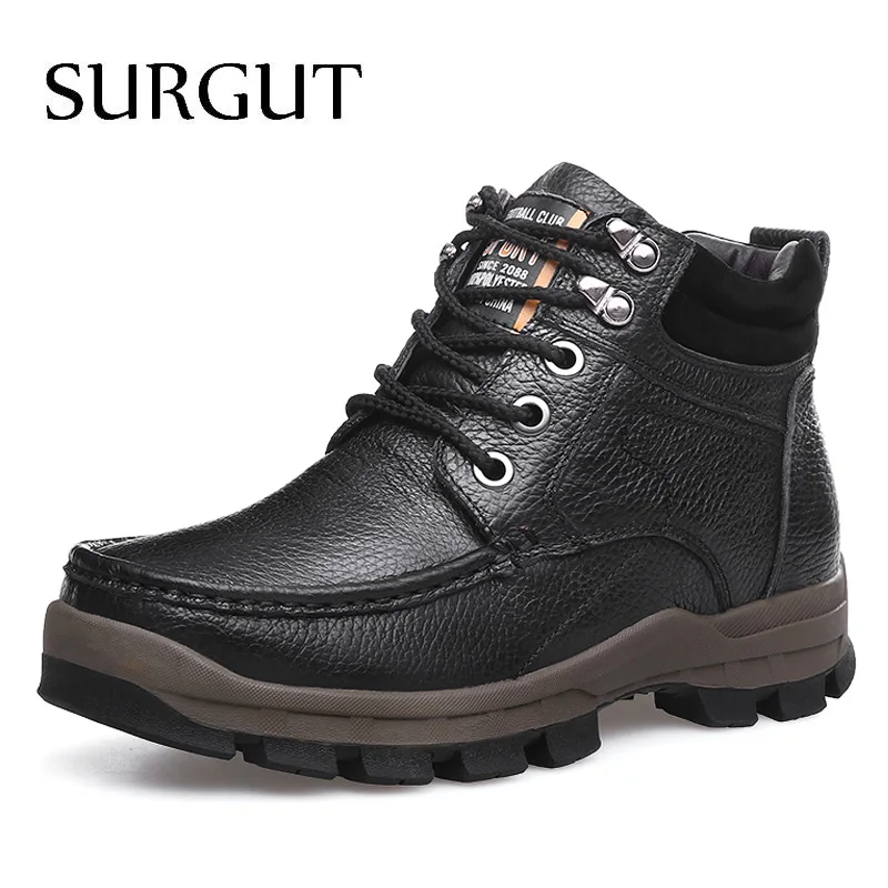 Мужские рабочие высокие ботинки с мехом SURGUT, черные ботильоны с теплым плюшем для отдыха, обувь из натуральной кожи большого размера 38~48 для зимы - Цвет: Black