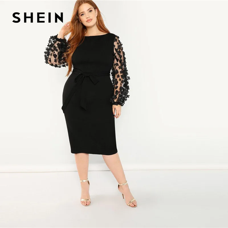 SHEIN женское элегантное черное платье-карандаш больших размеров с аппликацией, Сетчатое платье с рукавом-фонариком, приталенное платье с поясом для вечеринок