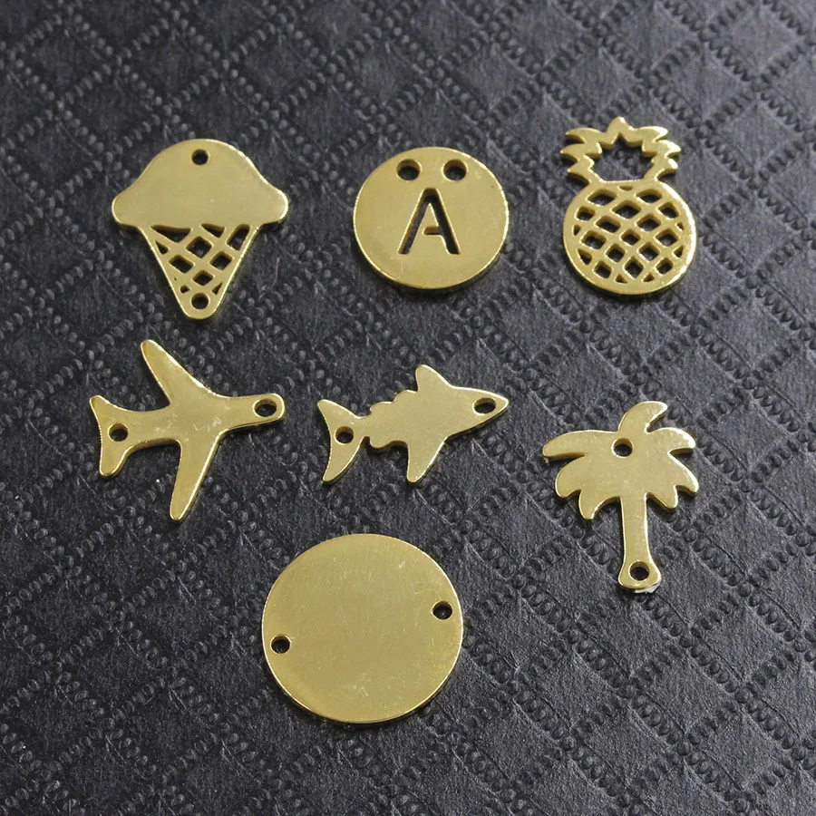 

Fnixtar Full Mirror Polish Gold Color Stainless Steel Fish Airplane Pineapple Icecream Tree Letter A Charm Jewelry 20Piece/lot