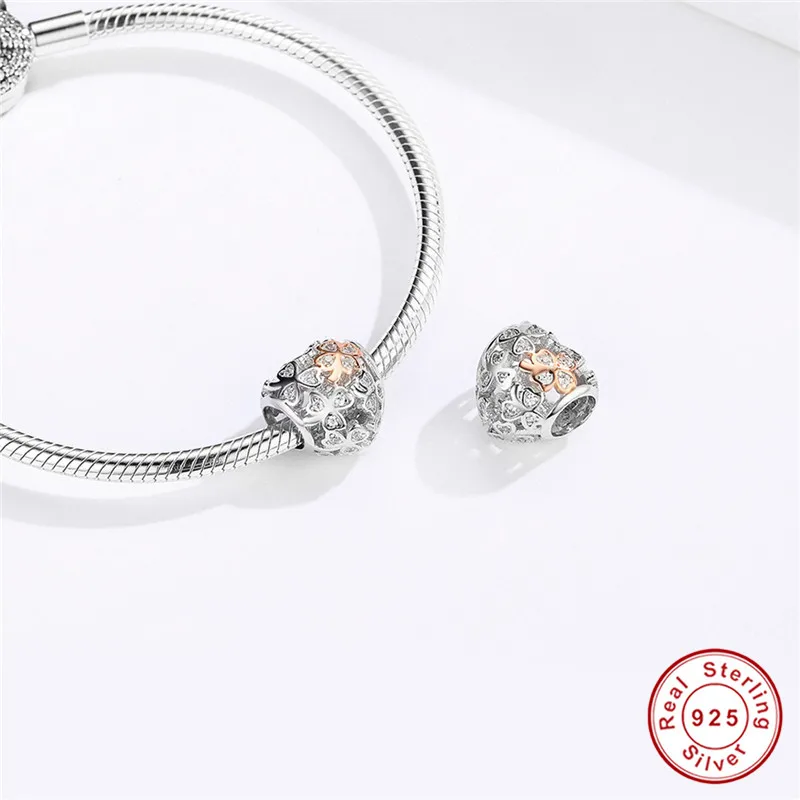 Fit Pandora браслет серебро 925 Белый CZ Клевер лук бусины в форме сердца S925 циркон цветок яблоко Подвески для ювелирных изделий