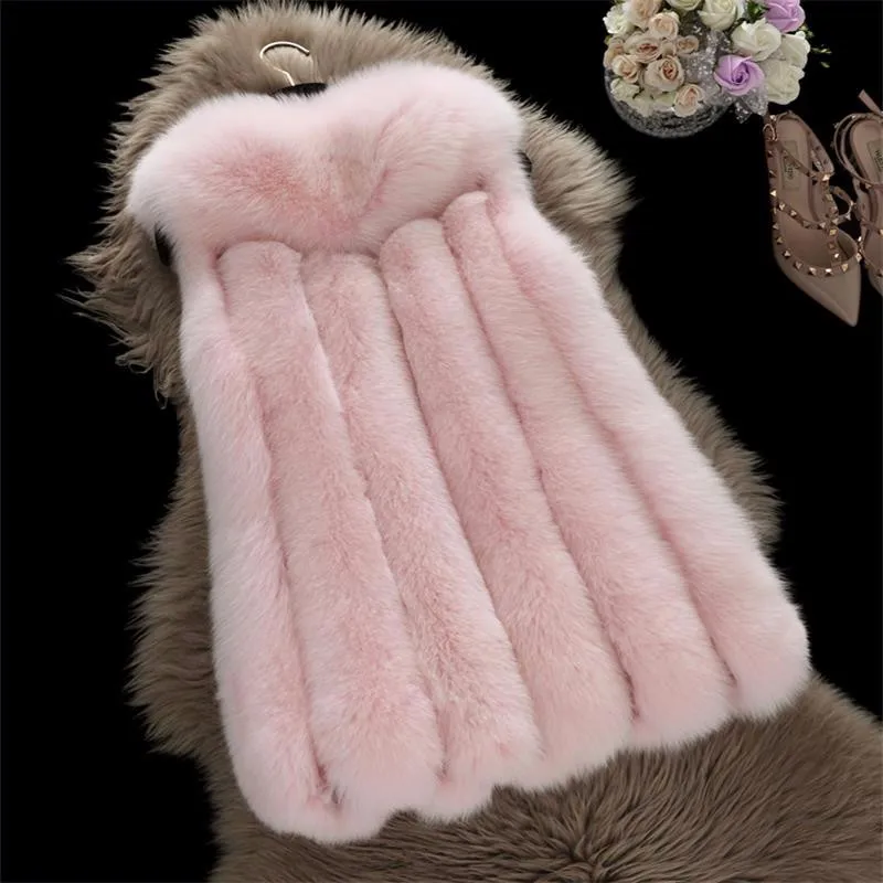 Новинка, осенне-зимнее пальто из лисьего меха, жилет из искусственного лисьего меха, меховой жилет средней длины, большой размер, XS-6XL, теплое Женское пальто из искусственного меха - Цвет: Розовый