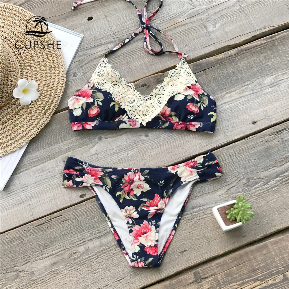 

CUPSHE Peony Floral Print Lace Halter Bikini Sets Women Double Strap Thong Two Pieces Swimsuits 2018 Sexy Beach Bathing Suit