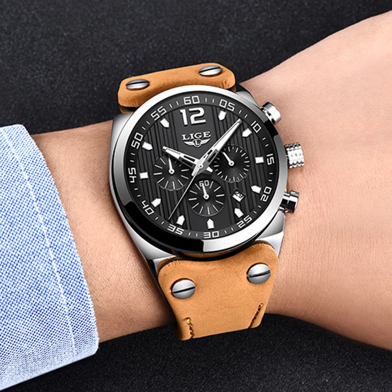 

LIGE Luxury Brand Chronograph Sport Men Watches Fashion Military Waterproof Leather Quartz Watch Men Clock Relogio Masculino+Box
