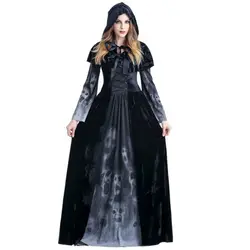 Для женщин Хэллоуин Косплэй костюм средневековой Renaissance adult ведьмы Готический Королева вампиров черный нарядное платье комплект для