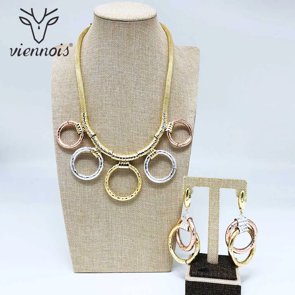 

Viennois Gold Color Round Pendent Necklace Double Round Drop Earrings Jewelry Sets for Women Wedding Bridal