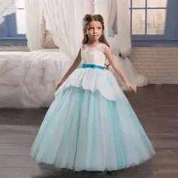 В наличии небесно-голубое кружевное платье с цветочным узором для девочек 3-13 лет на свадьбу с бантом длиной до пола, платье для первого