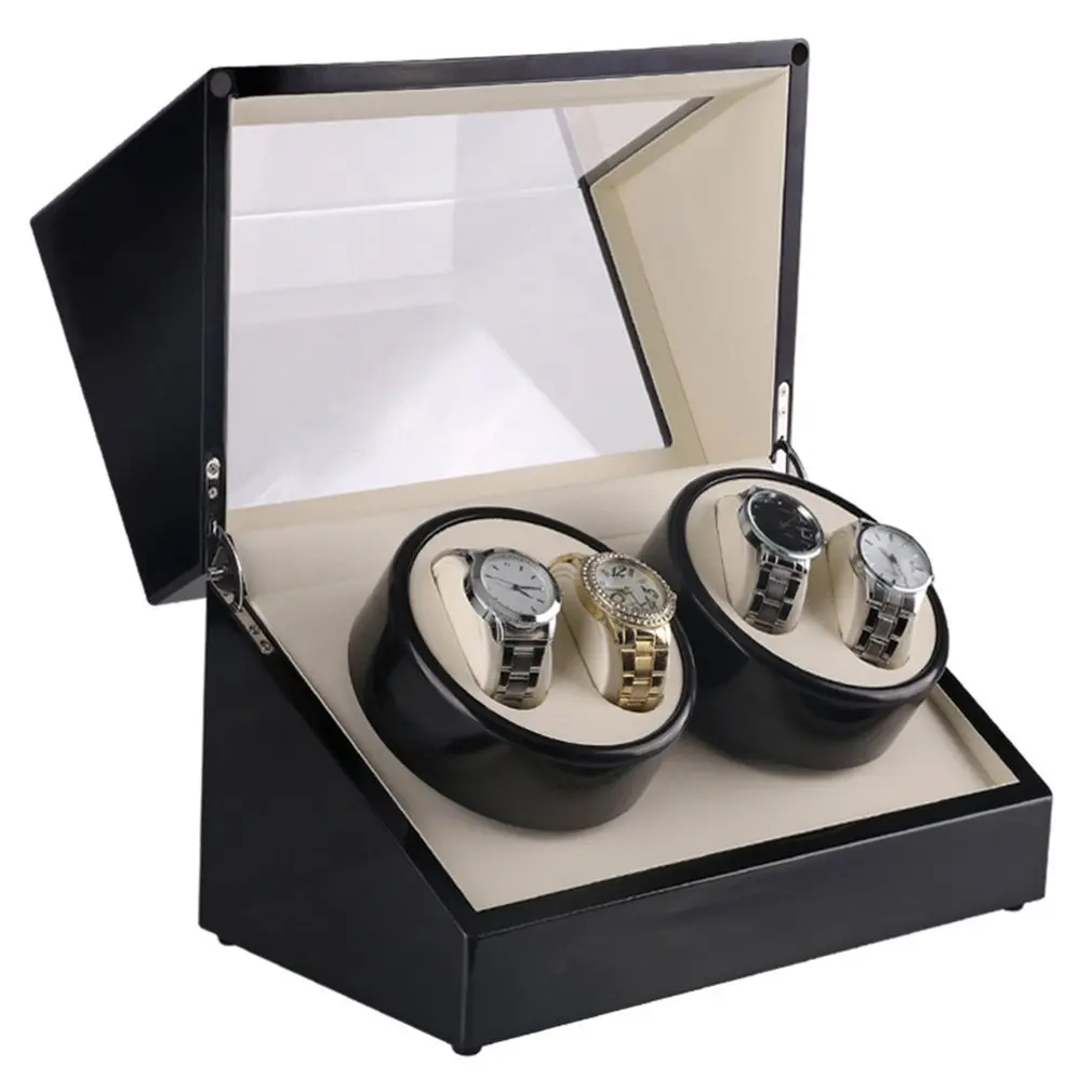 

GENBOLI Luxury Watch Winders US Plug 4 Slots Wood Clock Casket Watch Winder Box Lacquer Rotate Slient Motor Display Clock Box
