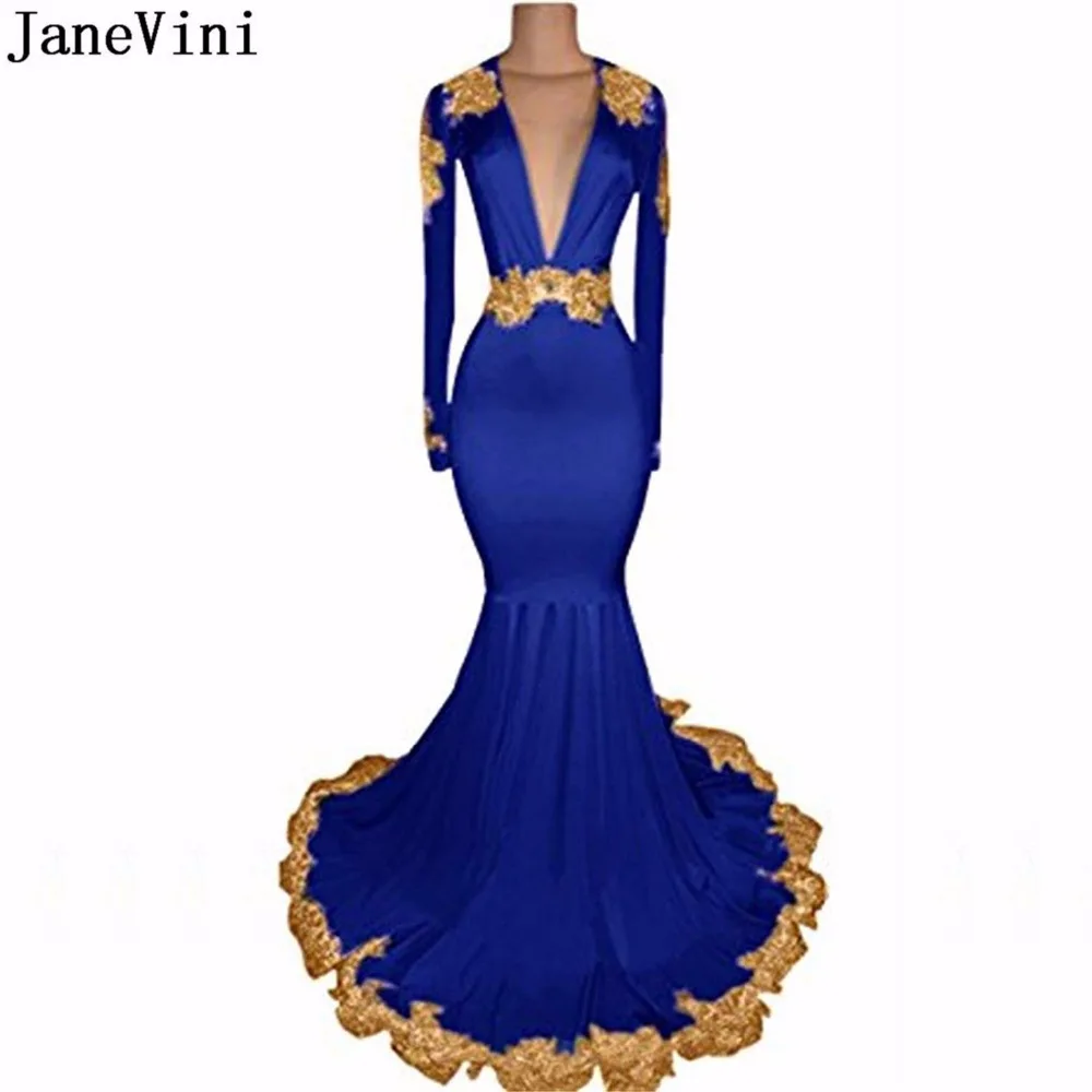 JaneVini сексуальное африканские Королевский синий платье для выпускного вечера глубокий v-образный вырез платье подружки невесты в стиле русалки Золотое кружевное с длинными рукавами свадебное платье