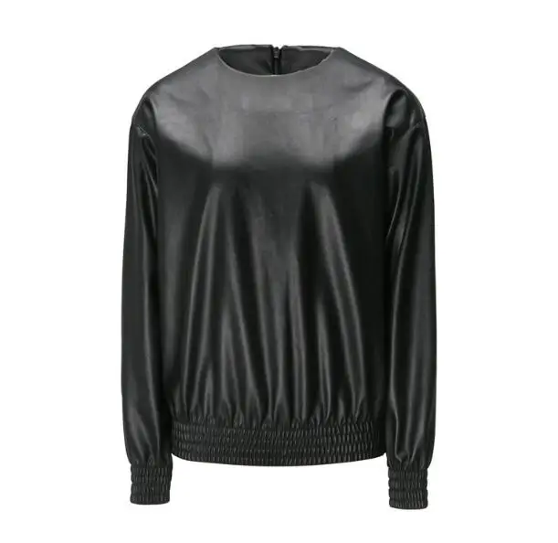 Vintage Black Pullover PU Leather Sweatshirt 2018 Women Loose Back