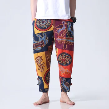 

2018 Spring and Summer New Men's Lighweight Linen Loose Harem Pants Chinese Style Pattern Ankle-Length Trousers Drawstring Cool