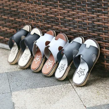 

2019 New Girl Genuine Leather Shoe Sandals Children Fashion Slippers Boys Summer Leisure Beach Shoes Breathable White Black Grey