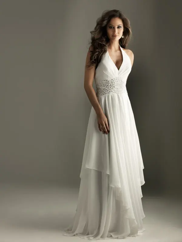 Custom Wholesale Elegant Flowing White Halter Sheath Chiffon Sequins