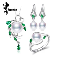 MINTHA 925 пробы Серебряные Ювелирные наборы для женщин Подвески из натуральной жемчужины и ожерелья мужчин обручение кольцо комплект Изумрудный висячие серьги