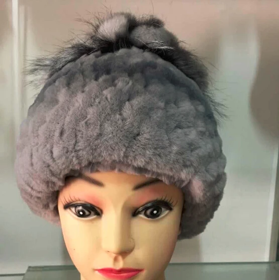 

Knitting rabbit fur hat new fashion Wholesale 2016 fashion russian women's genuine rex rabbit fur hat with fox fur pom poms
