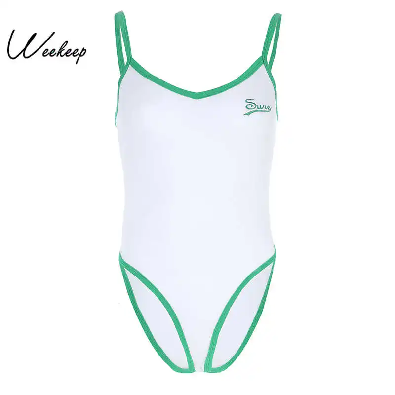 

Weekeep Letter Print Patchwork Bodysuit Women Bodycon Sleeveless Summer Casual Rompers Womens Jumpsuit