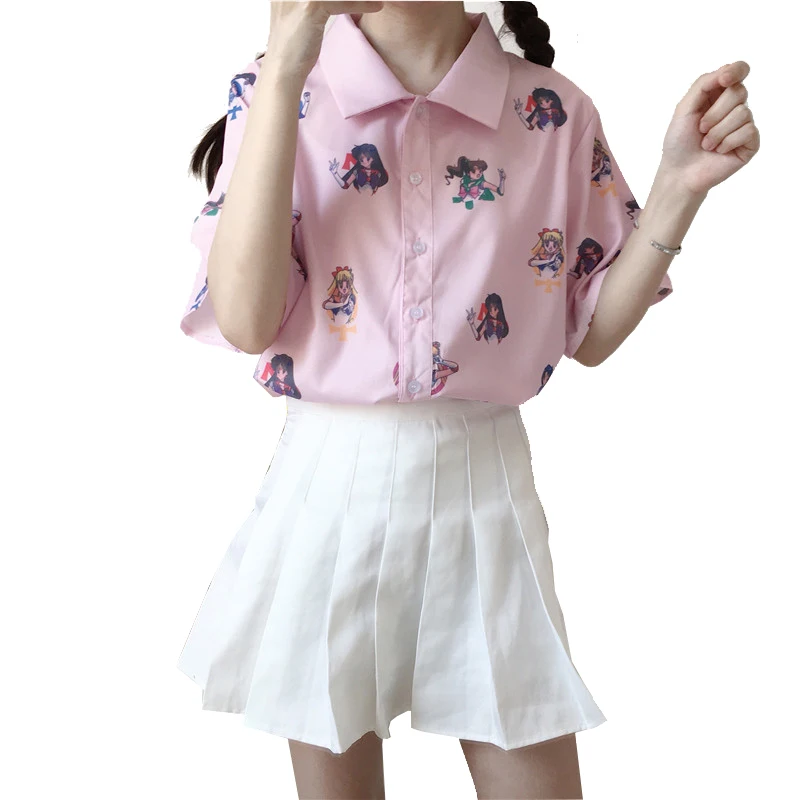 Harajuku женская блузка короткий рукав; моряк, луна, принт, рубашка Лолита, свободные блузки для девочек, розовые топы, аниме, летняя футболка