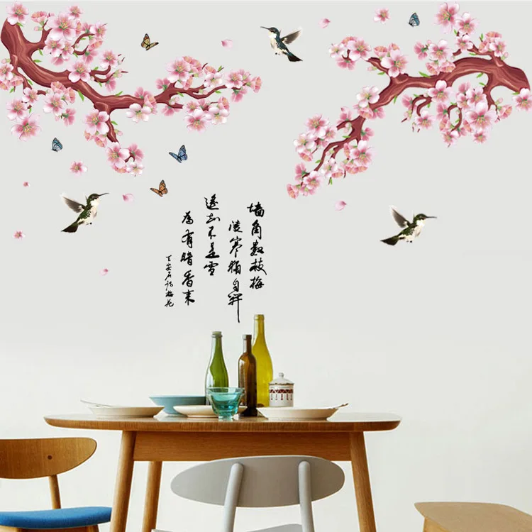 

Chinese Calligraphy Peach Flowers Tree Flying Birds Butterfly Wall Sticker Living Room Office Oriental Wallpaper Poster Wall Art
